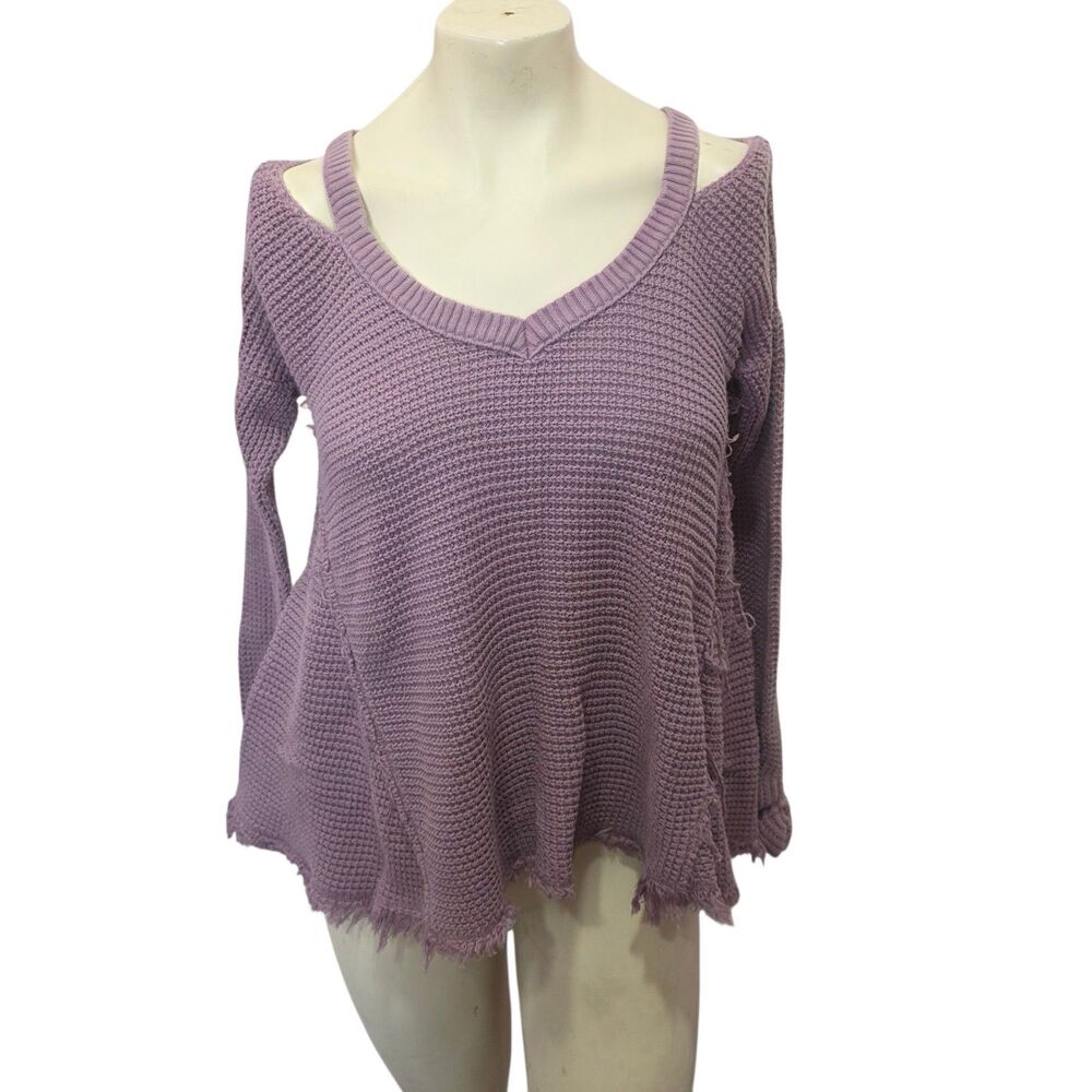 Free People Purple Waffle Knit Sweater Distressed Raw Hem Boho‎ Small